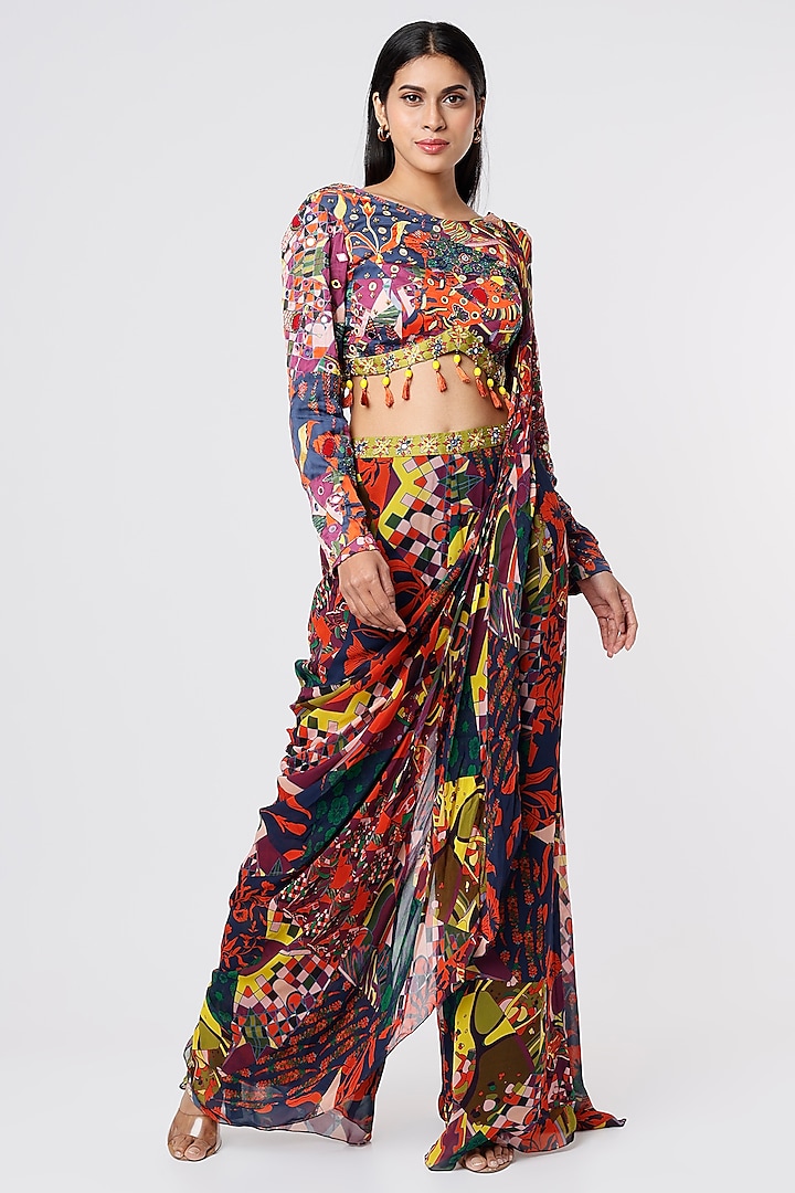 Multi-Colored Georgette & Modal Aztec Printed Sharara Wedding Saree Set by DiyaRajvvir at Pernia's Pop Up Shop