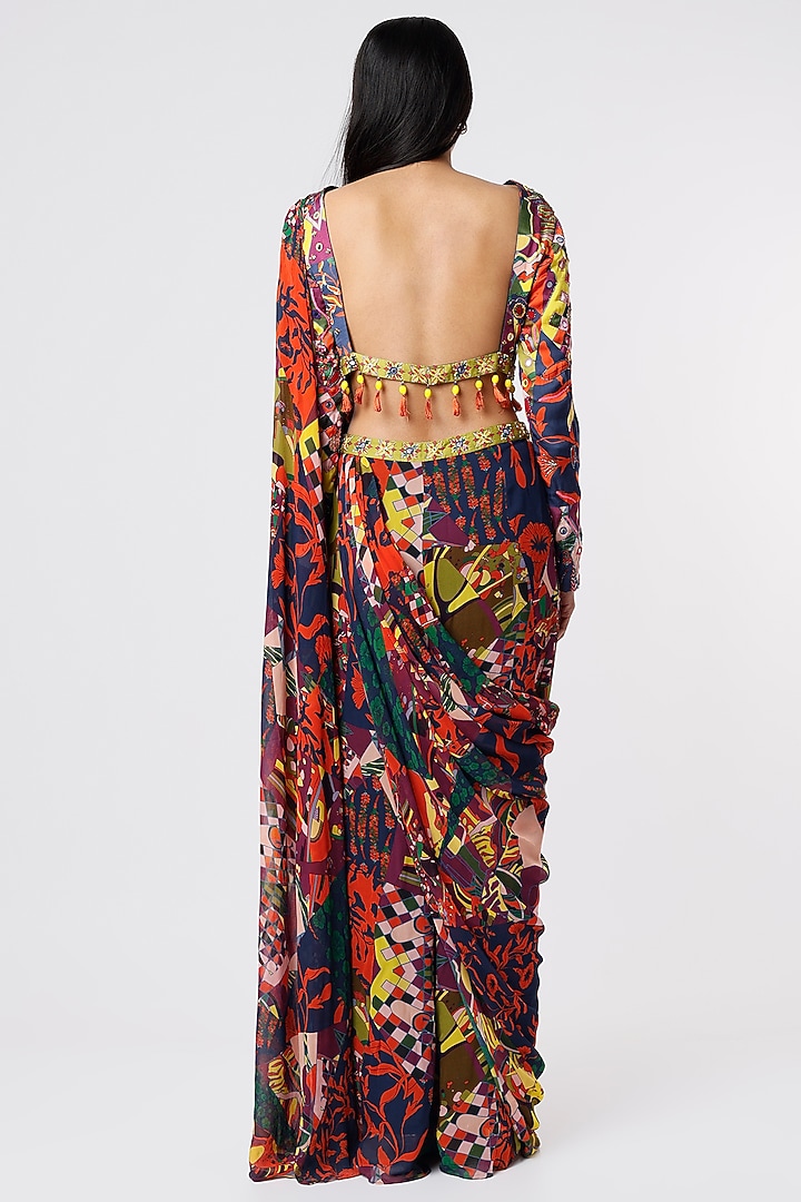Multi-Colored Georgette & Modal Aztec Printed Sharara Wedding Saree Set by DiyaRajvvir at Pernia's Pop Up Shop