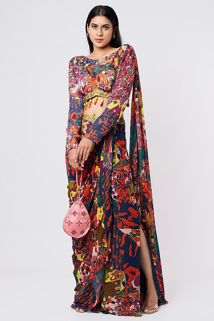 Multi-Colored Georgette & Modal Aztec Printed Sharara Wedding Saree Set by DiyaRajvvir at Pernia's Pop Up Shop