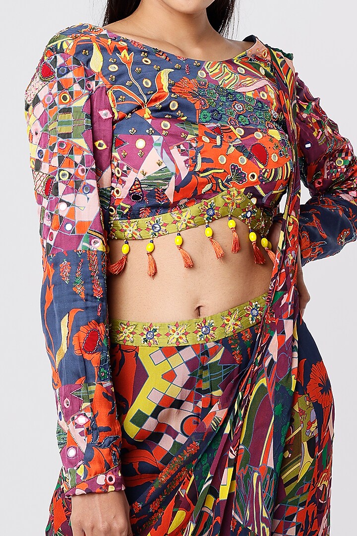 Multi-Colored Georgette & Modal Aztec Printed Sharara Wedding Saree Set by DiyaRajvvir at Pernia's Pop Up Shop