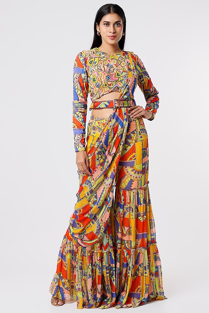 Multi-Colored Georgette & Cotton Silk Geometric Printed Pant Saree Set by DiyaRajvvir
