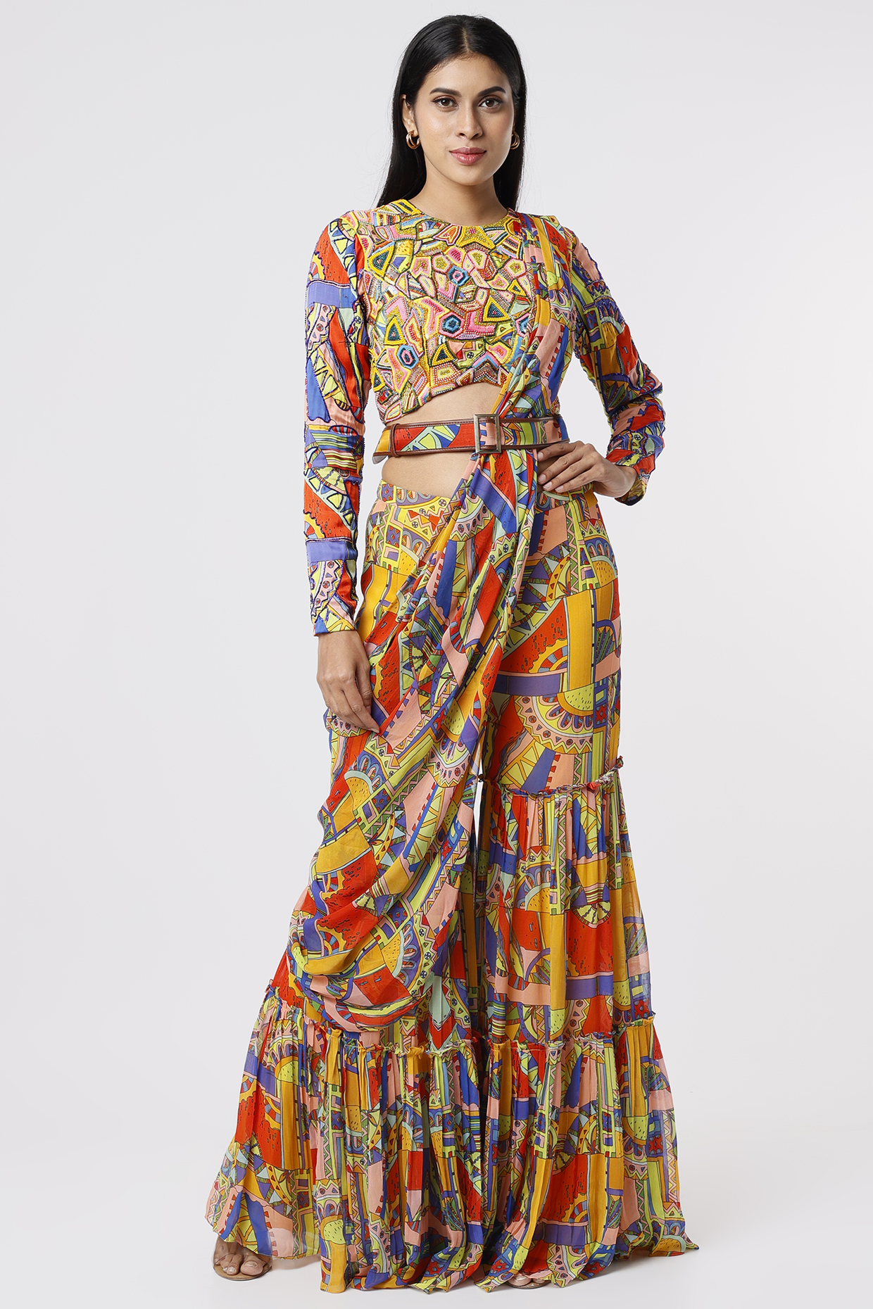 Multi-Colored Georgette & Cotton Silk Geometric Printed Pant Saree Set by DiyaRajvvir