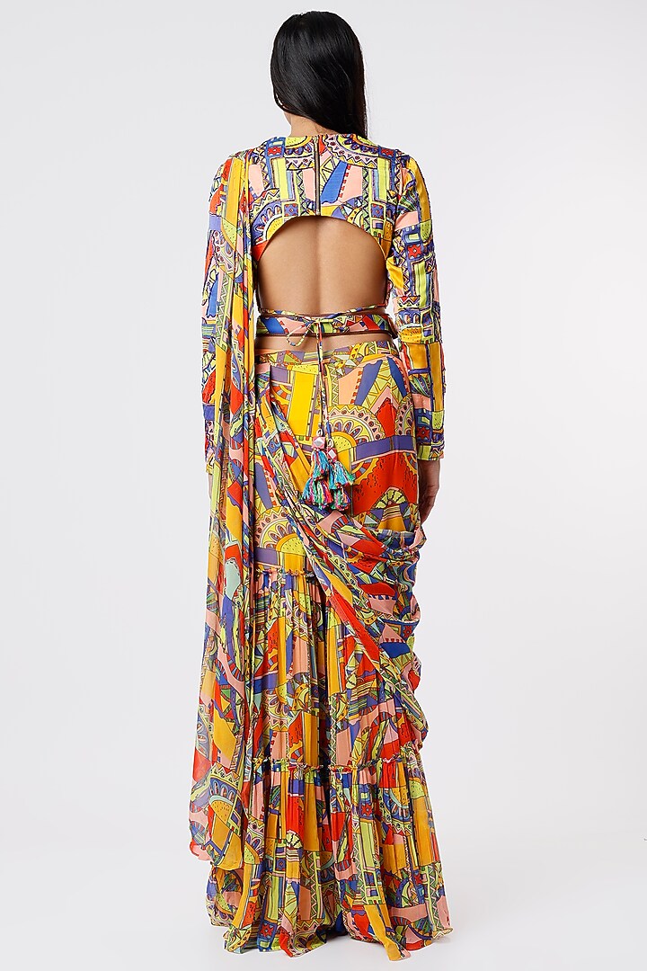 Multi-Colored Georgette & Cotton Silk Geometric Printed Pant Wedding Saree Set by DiyaRajvvir at Pernia's Pop Up Shop