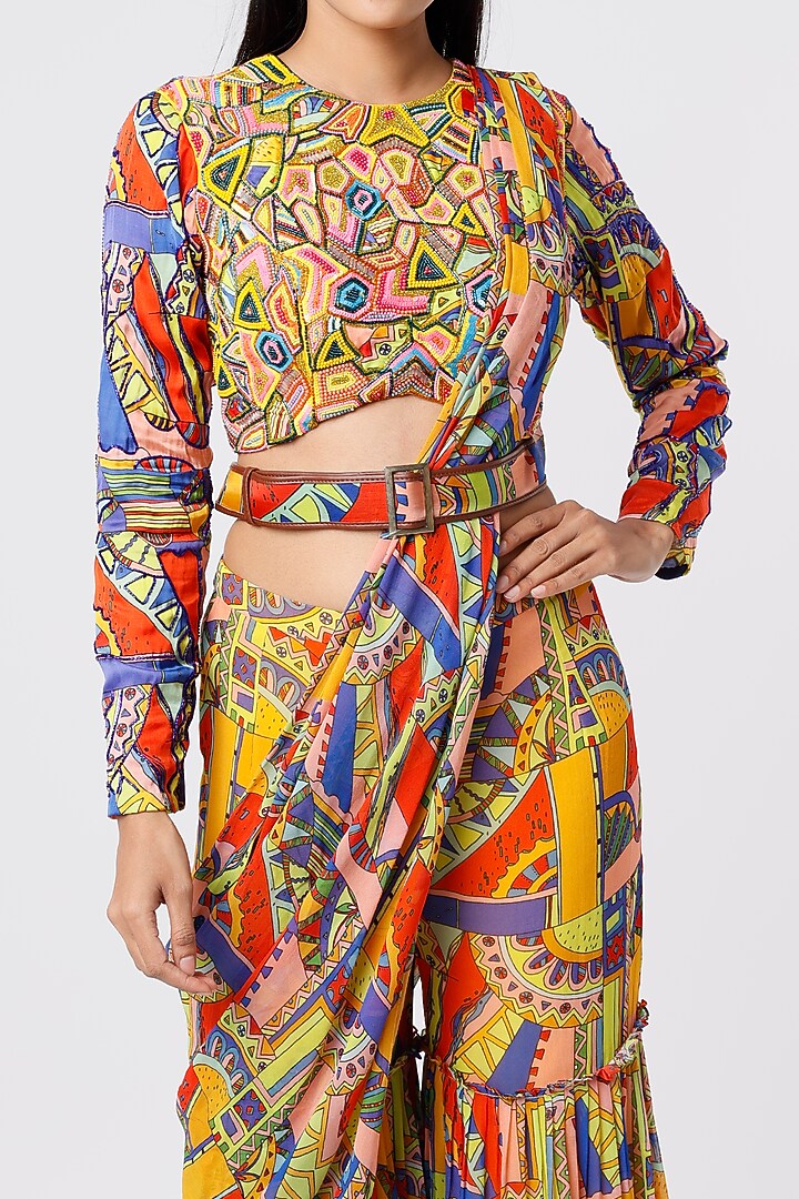 Multi-Colored Georgette & Cotton Silk Geometric Printed Pant Wedding Saree Set by DiyaRajvvir at Pernia's Pop Up Shop