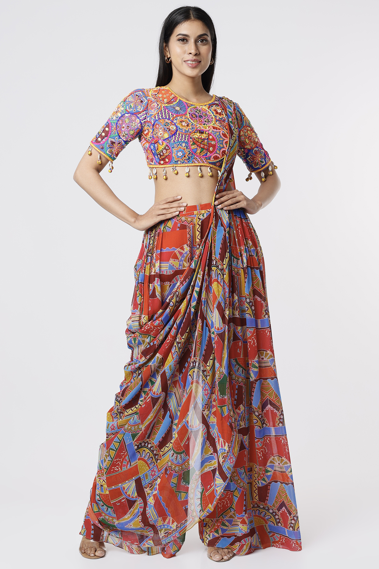 Multi-Colored Georgette & Modal Geometric Printed Pant Wedding Saree Set by DiyaRajvvir at Pernia's Pop Up Shop