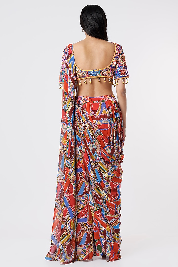 Multi-Colored Georgette & Modal Geometric Printed Pant Wedding Saree Set by DiyaRajvvir at Pernia's Pop Up Shop