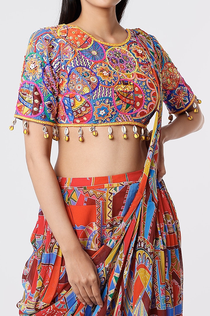 Multi-Colored Georgette & Modal Geometric Printed Pant Wedding Saree Set by DiyaRajvvir at Pernia's Pop Up Shop