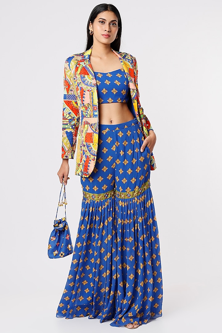 Royal Blue Printed & Embroidered Gharara Set by DiyaRajvvir