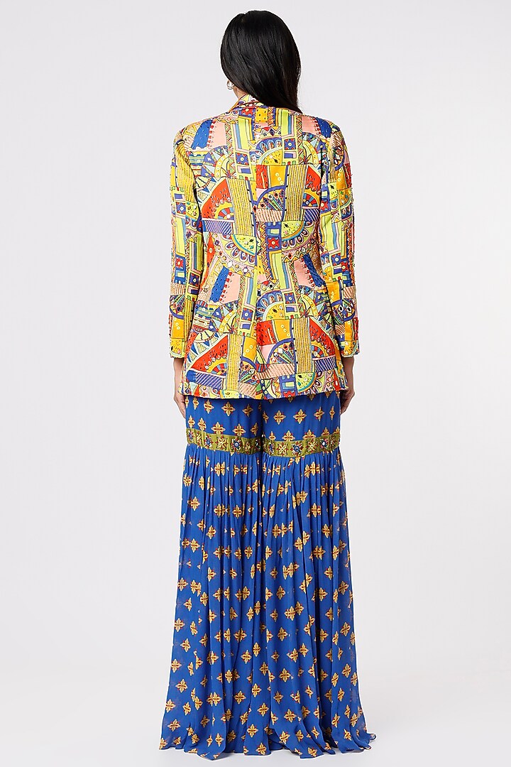 Royal Blue Printed & Embroidered Gharara Set by DiyaRajvvir at Pernia's Pop Up Shop