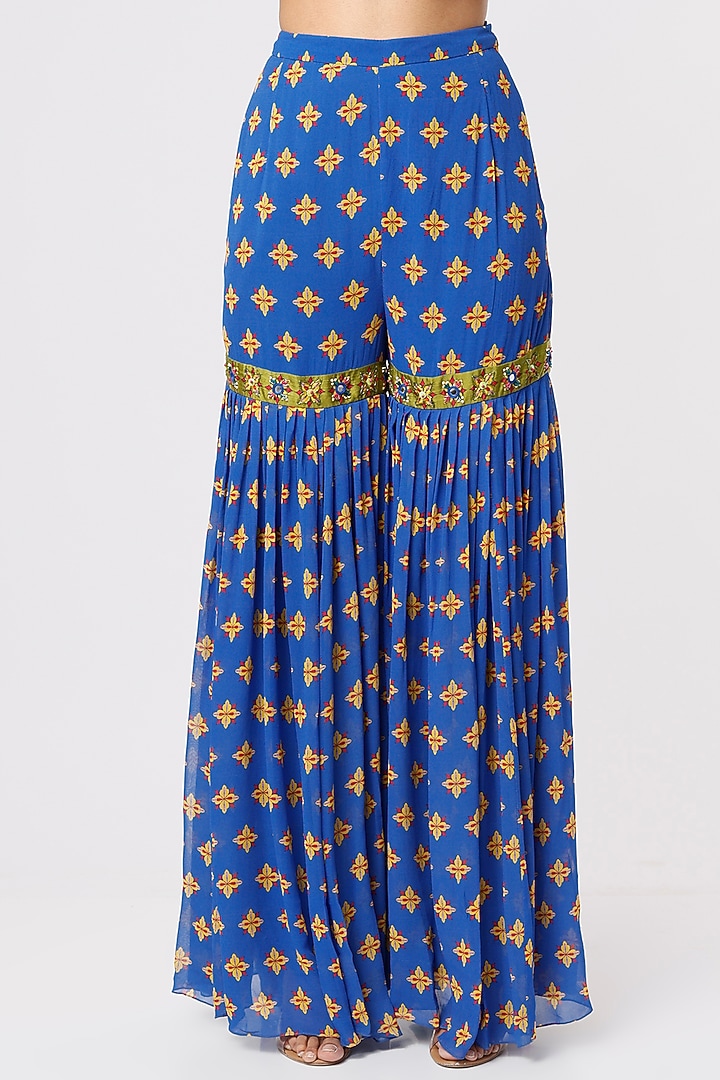 Royal Blue Printed & Embroidered Gharara Set by DiyaRajvvir at Pernia's Pop Up Shop