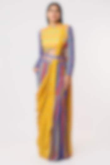 Faded Blue & Bright Yellow Modal Stripe Printed Gharara Saree Set by DiyaRajvvir