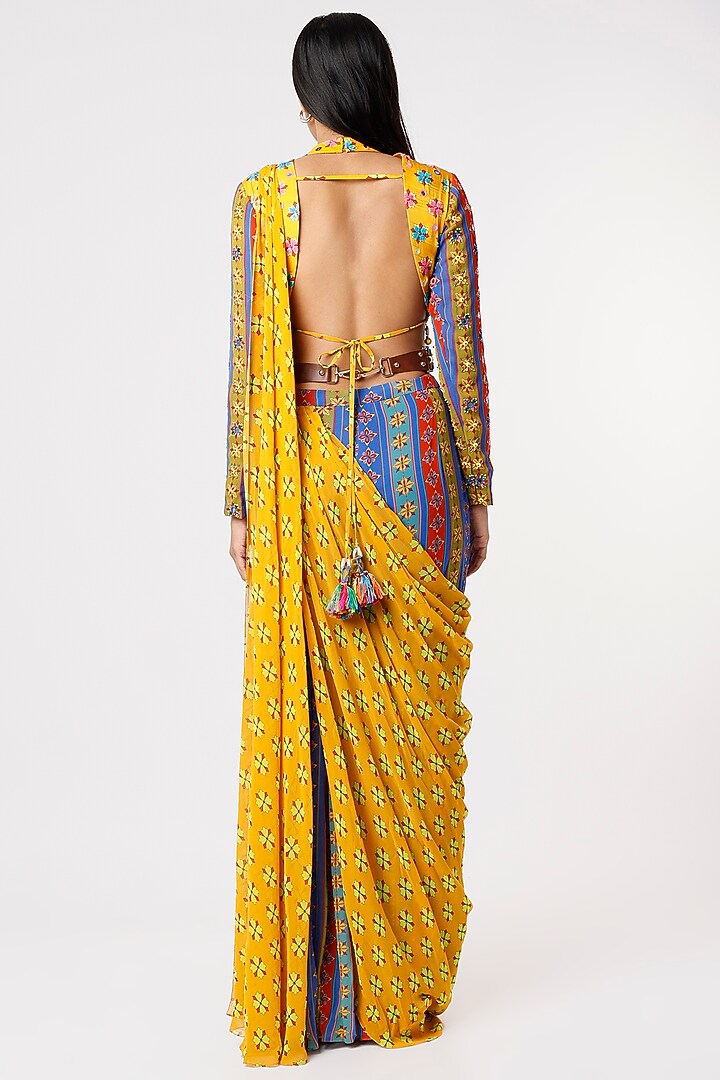 Faded Blue & Bright Yellow Modal Stripe Printed Gharara Wedding Saree Set by DiyaRajvvir at Pernia's Pop Up Shop