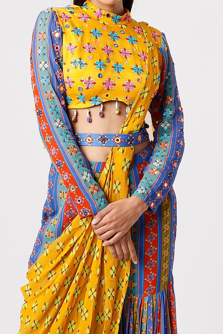 Faded Blue & Bright Yellow Modal Stripe Printed Gharara Wedding Saree Set by DiyaRajvvir at Pernia's Pop Up Shop