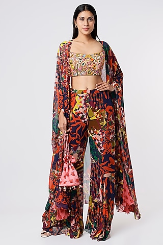 Multi-Colored Aztec Printed Cape Set by DiyaRajvvir