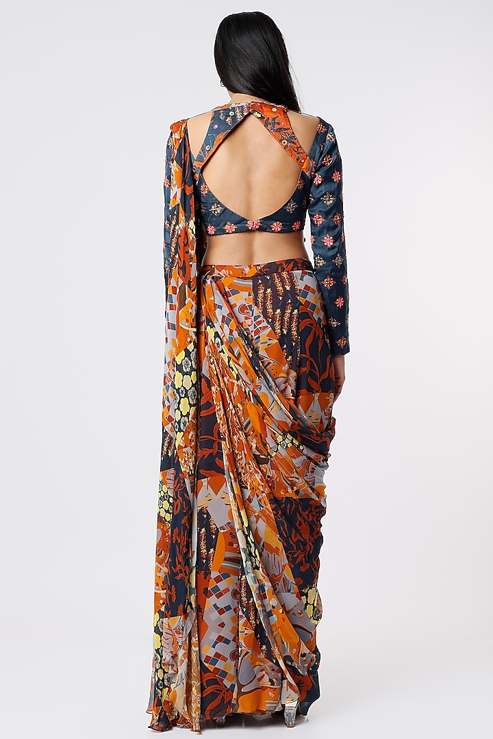 Multi-Colored Georgette & Modal Aztec Printed Pant Wedding Saree Set by DiyaRajvvir at Pernia's Pop Up Shop