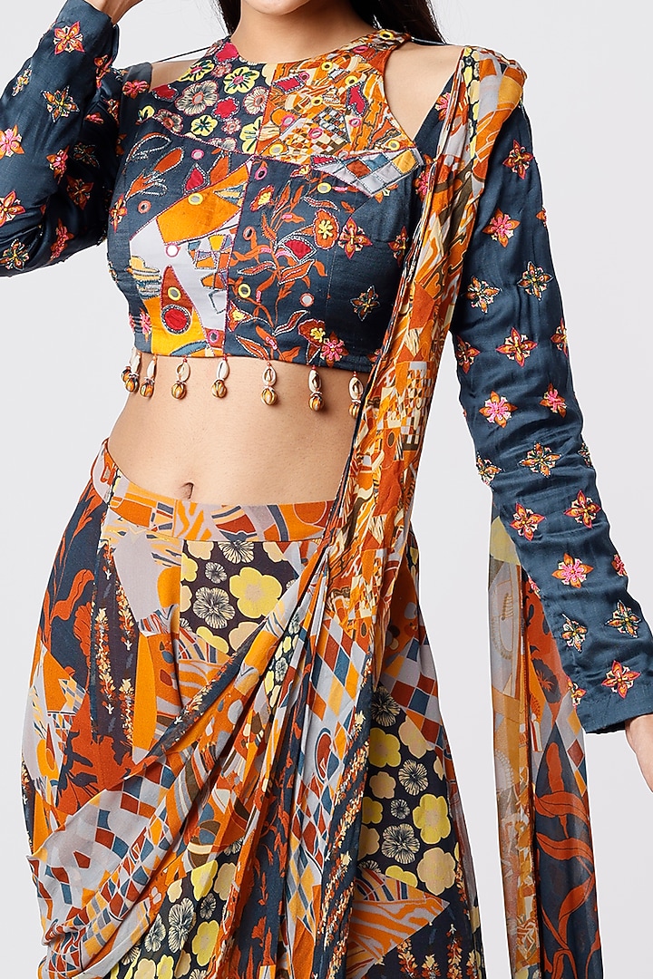 Multi-Colored Georgette & Modal Aztec Printed Pant Wedding Saree Set by DiyaRajvvir at Pernia's Pop Up Shop