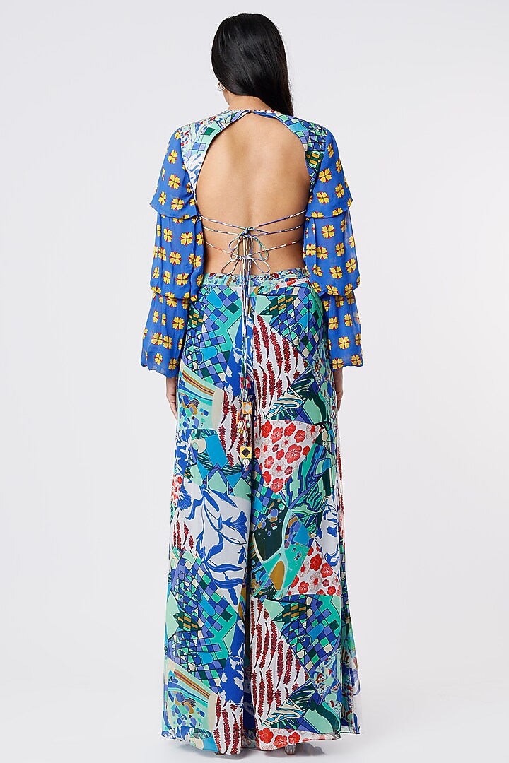 Celtic Blue Modal & Georgette Box-Pleated Pant Set by DiyaRajvvir at Pernia's Pop Up Shop