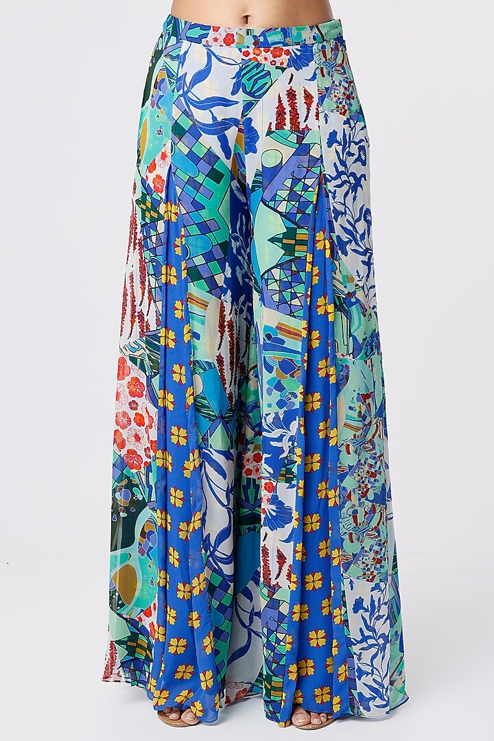 Celtic Blue Modal & Georgette Box-Pleated Pant Set by DiyaRajvvir at Pernia's Pop Up Shop