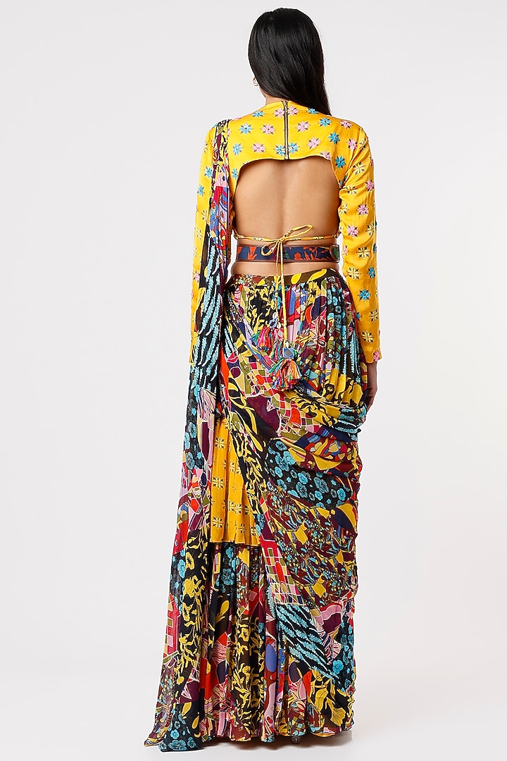 Multi-Colored Georgette & Modal Aztec Printed Layered Skirt Wedding Saree Set by DiyaRajvvir at Pernia's Pop Up Shop