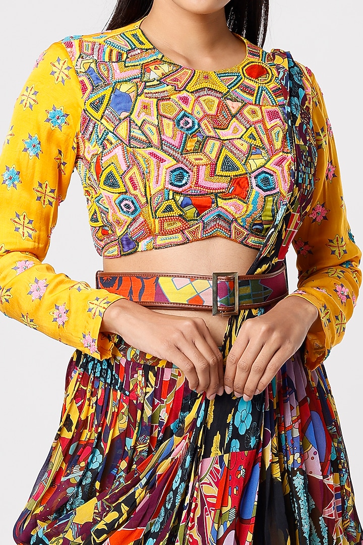 Multi-Colored Georgette & Modal Aztec Printed Layered Skirt Wedding Saree Set by DiyaRajvvir at Pernia's Pop Up Shop