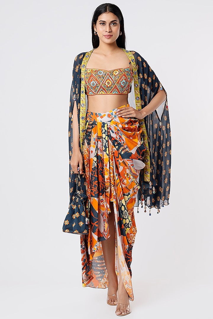Multi-Colored Dhoti Skirt Set With Cape by DiyaRajvvir at Pernia's Pop Up Shop