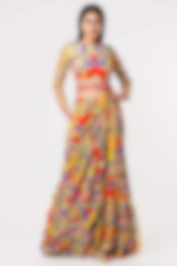 Multi-Colored Tulle & Georgette Geometric Printed Gharara Saree Set by DiyaRajvvir