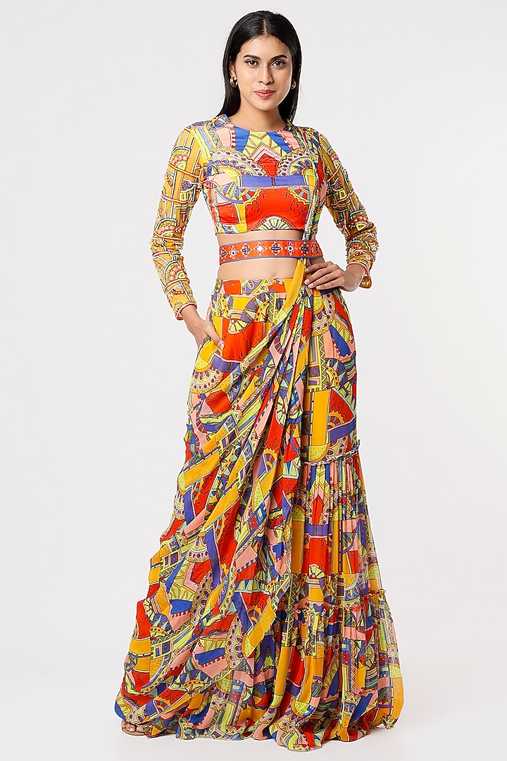 Multi-Colored Tulle & Georgette Geometric Printed Gharara Saree Set by DiyaRajvvir