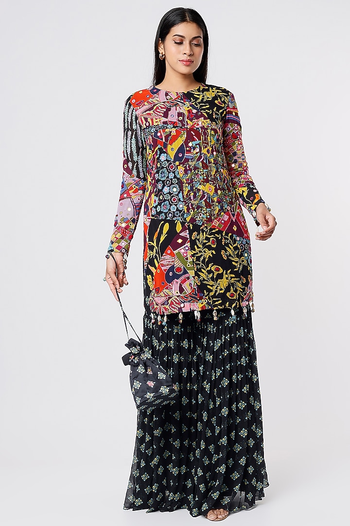Black Georgette Gharara Set by DiyaRajvvir at Pernia's Pop Up Shop