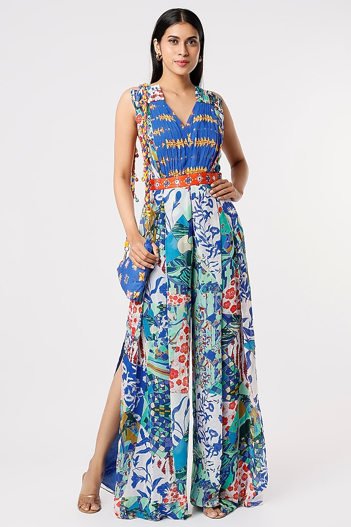 Celtic Blue Printed Jumpsuit With Potli Bag by DiyaRajvvir at Pernia's Pop Up Shop
