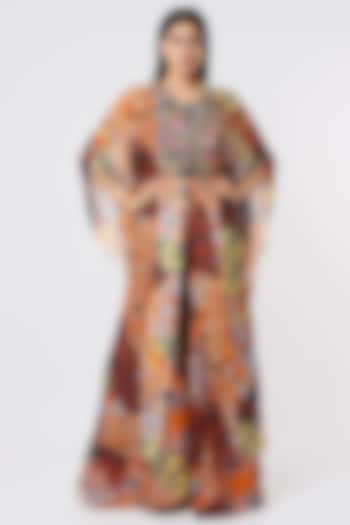 Brown Printed Front-Open Kaftan Set by DiyaRajvvir at Pernia's Pop Up Shop
