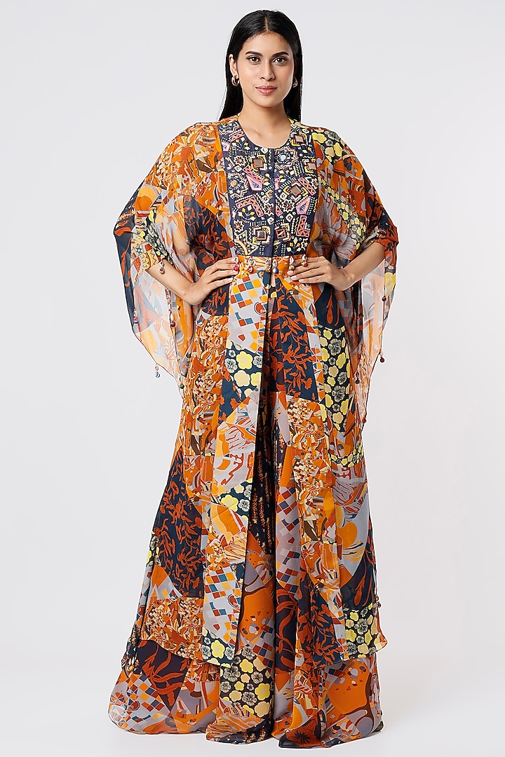 Brown Printed Front-Open Kaftan Set by DiyaRajvvir at Pernia's Pop Up Shop