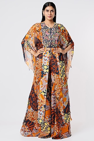 Brown Printed Front-Open Kaftan Set by DiyaRajvvir
