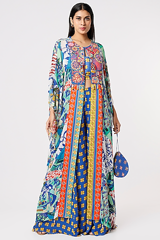 Celtic Blue Printed Front-Open Kaftan Set by DiyaRajvvir