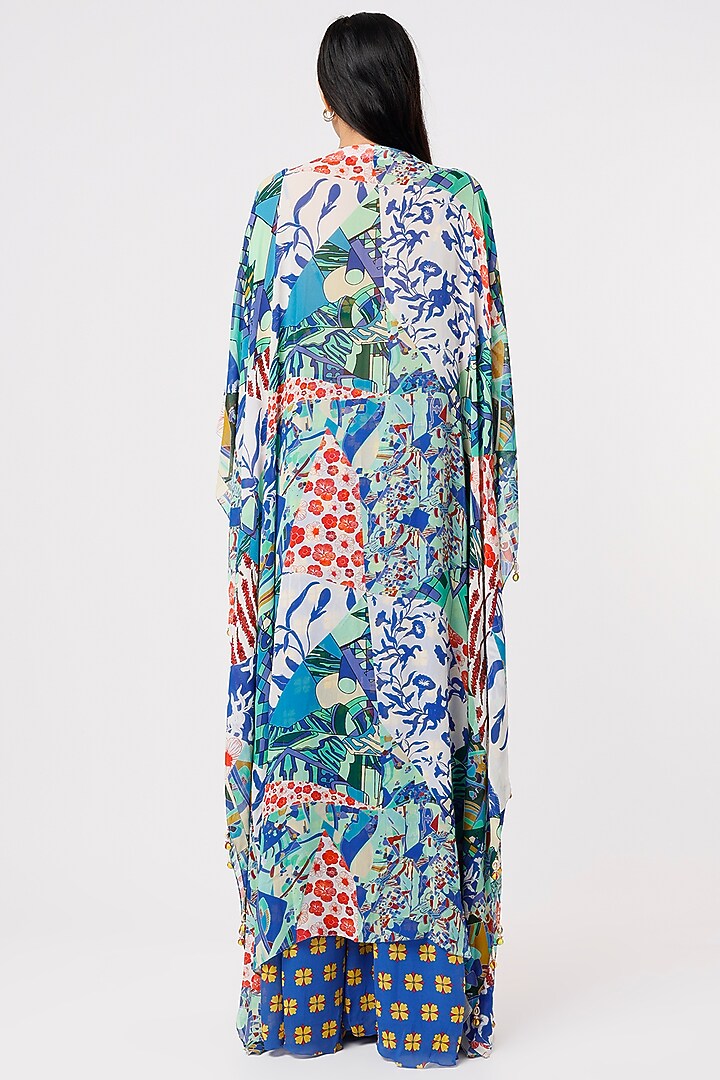 Celtic Blue Printed Front-Open Kaftan Set by DiyaRajvvir at Pernia's Pop Up Shop