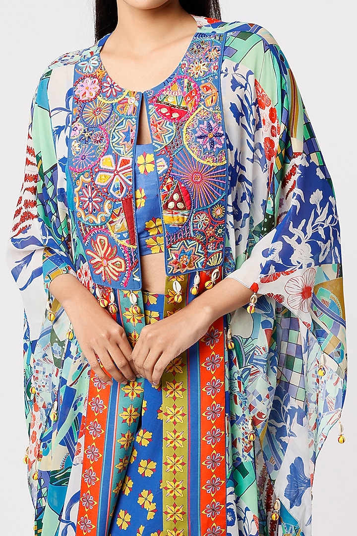 Celtic Blue Printed Front-Open Kaftan Set by DiyaRajvvir at Pernia's Pop Up Shop