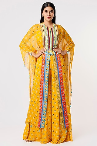 Dandelion Yellow Printed Front-Open Kaftan Set by DiyaRajvvir