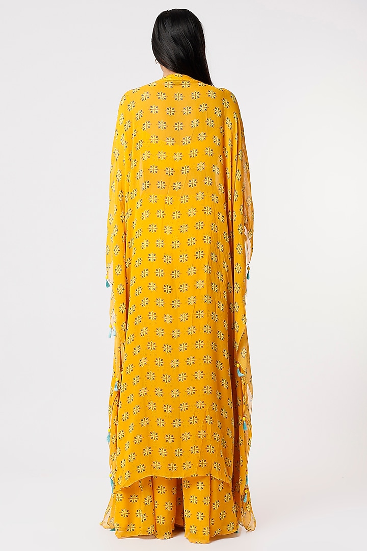 Dandelion Yellow Printed Front-Open Kaftan Set by DiyaRajvvir at Pernia's Pop Up Shop