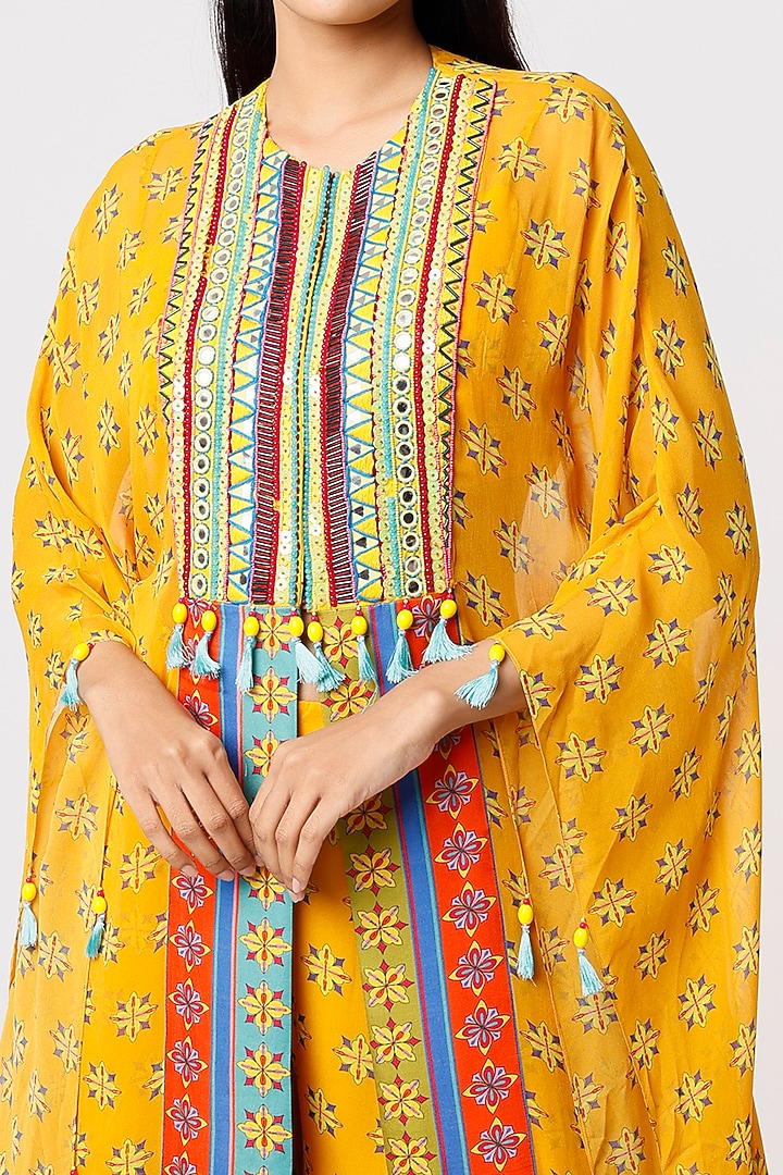 Dandelion Yellow Printed Front-Open Kaftan Set by DiyaRajvvir at Pernia's Pop Up Shop