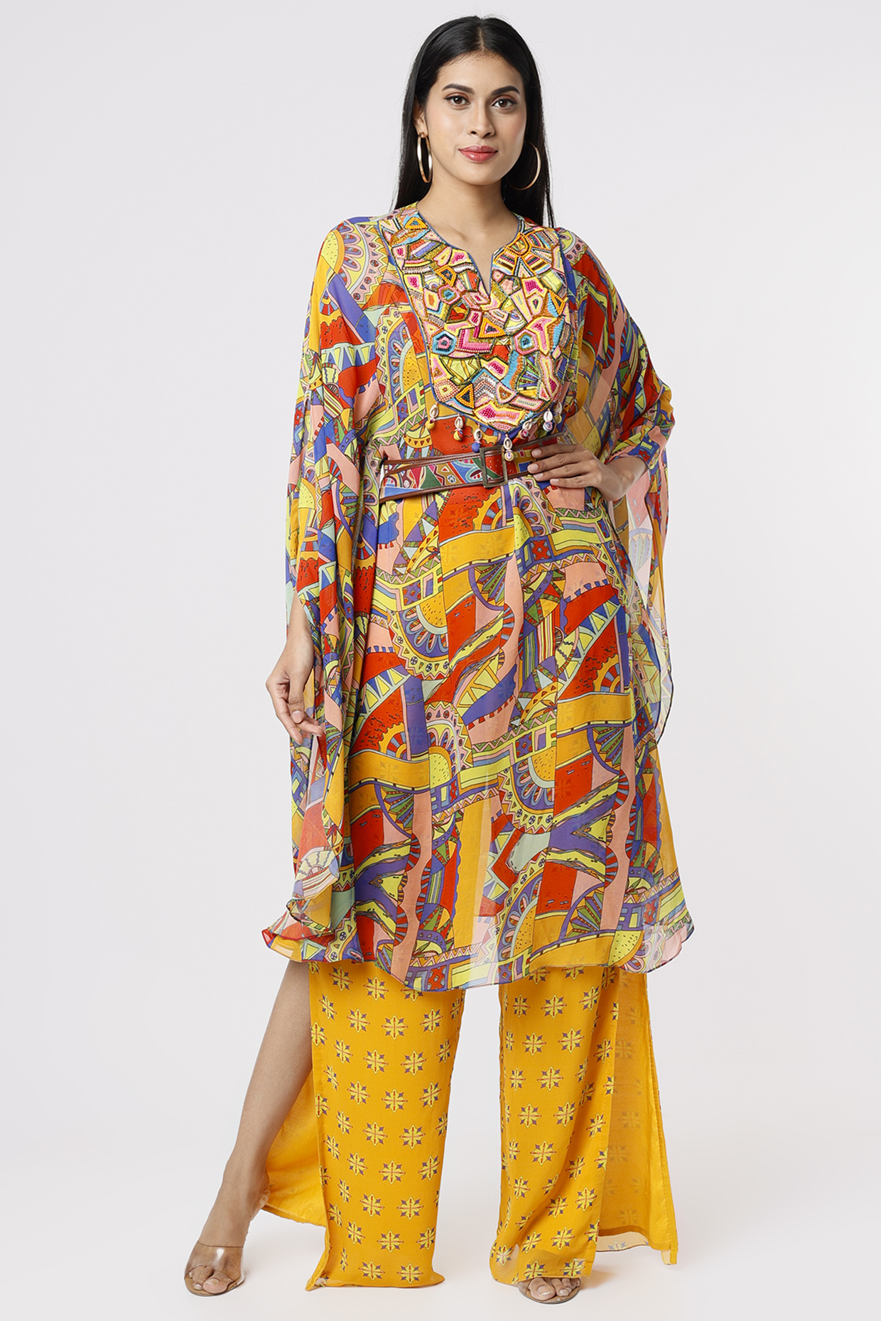 Dandelion Yellow Printed Kaftan Set by DiyaRajvvir at Pernia's Pop Up Shop