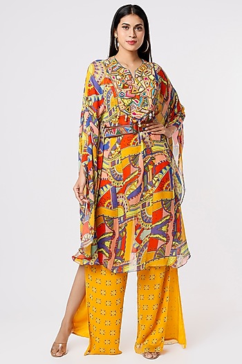 Dandelion Yellow Printed Kaftan Set by DiyaRajvvir at Pernia's Pop Up Shop