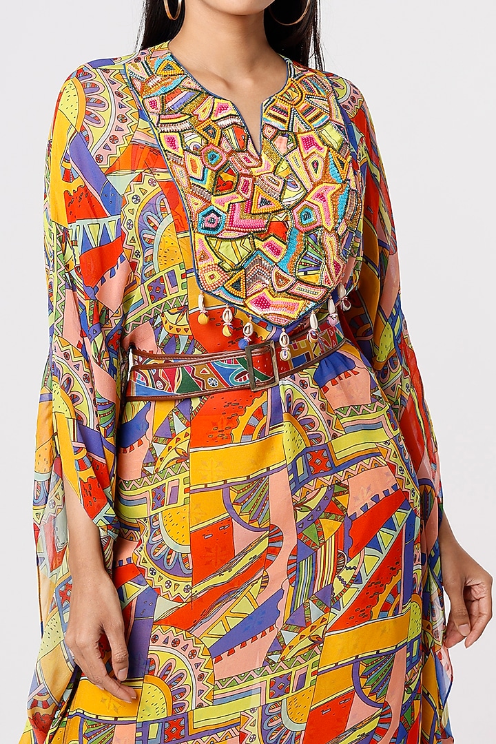 Dandelion Yellow Printed Kaftan Set by DiyaRajvvir at Pernia's Pop Up Shop