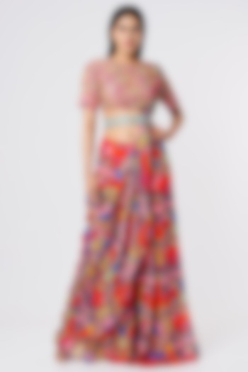 Multi-Colored Cotton Silk & Georgette Geometric Printed Gharara Wedding Saree Set by DiyaRajvvir at Pernia's Pop Up Shop