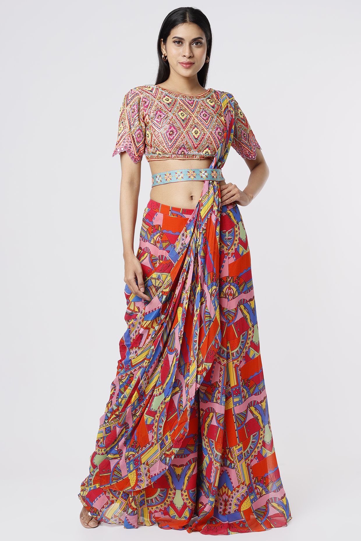 Multi-Colored Cotton Silk & Georgette Geometric Printed Gharara Wedding Saree Set by DiyaRajvvir at Pernia's Pop Up Shop