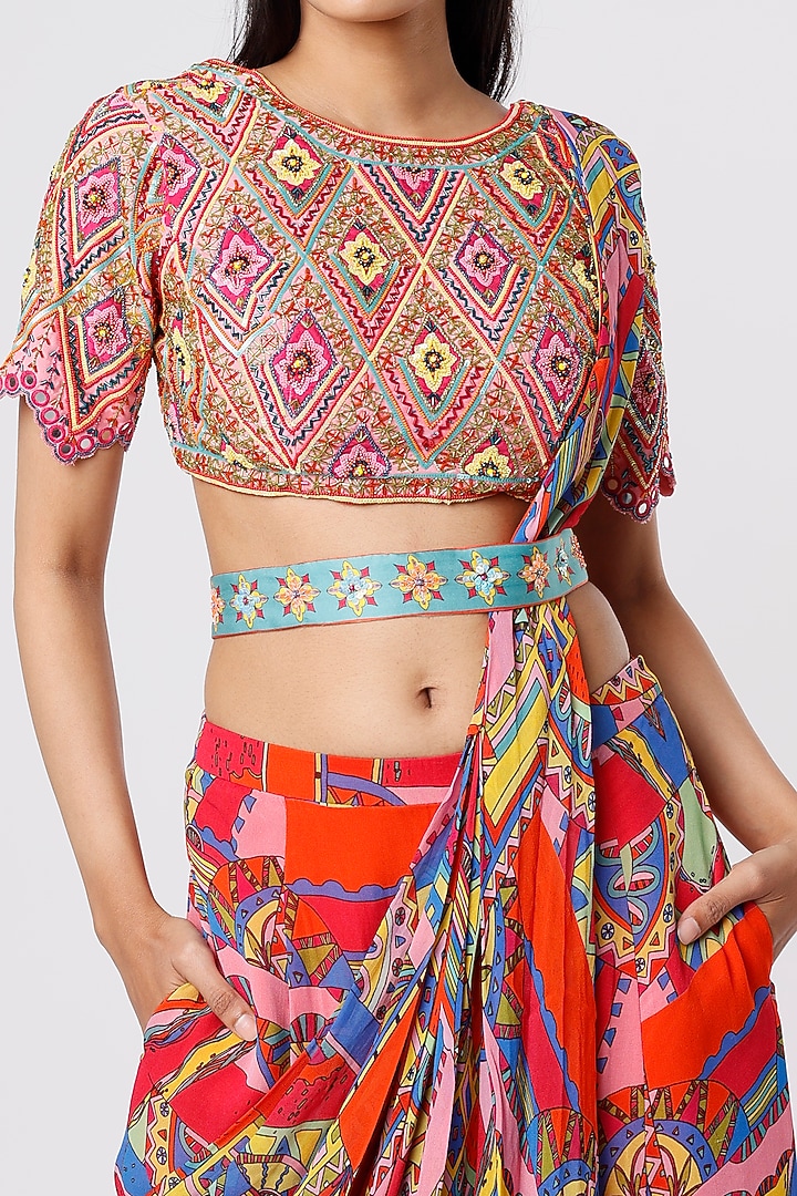 Multi-Colored Cotton Silk & Georgette Geometric Printed Gharara Wedding Saree Set by DiyaRajvvir at Pernia's Pop Up Shop