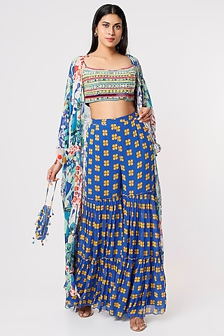 Multi-Colored Cape Set With Print by DiyaRajvvir