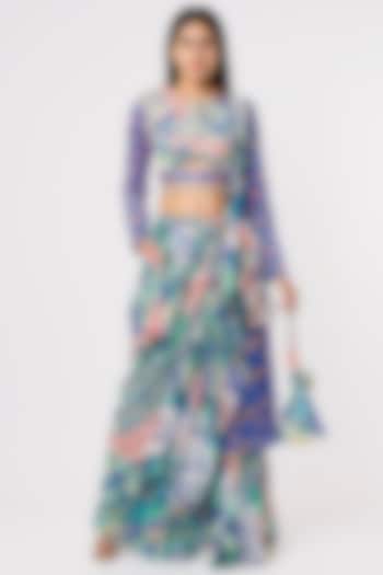 Multi-Colored Modal & Georgette Aztec Printed Pant Wedding Saree Set by DiyaRajvvir at Pernia's Pop Up Shop