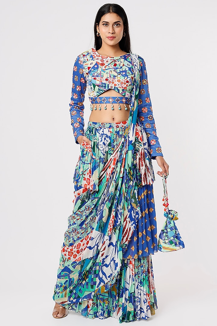Multi-Colored Modal & Georgette Aztec Printed Pant Wedding Saree Set by DiyaRajvvir at Pernia's Pop Up Shop