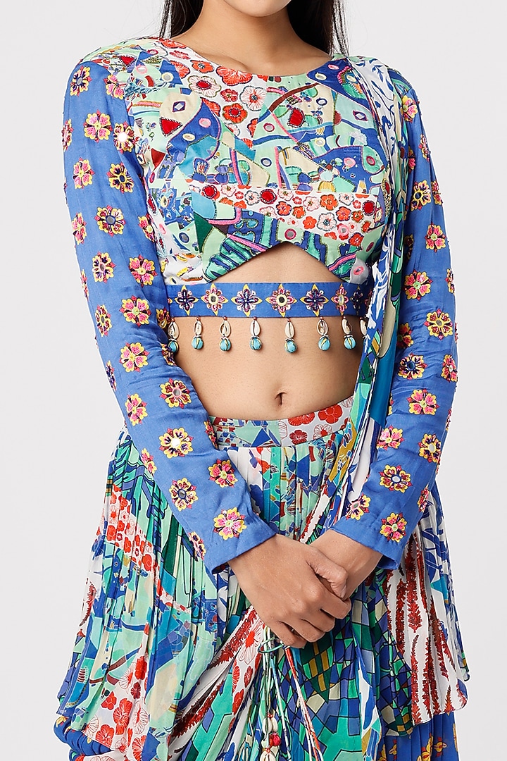 Multi-Colored Modal & Georgette Aztec Printed Pant Wedding Saree Set by DiyaRajvvir at Pernia's Pop Up Shop