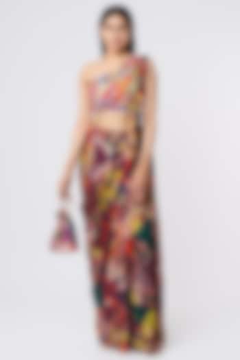 Multi-Colored Modal & Georgette Aztec Printed Pant Wedding Saree Set by DiyaRajvvir at Pernia's Pop Up Shop