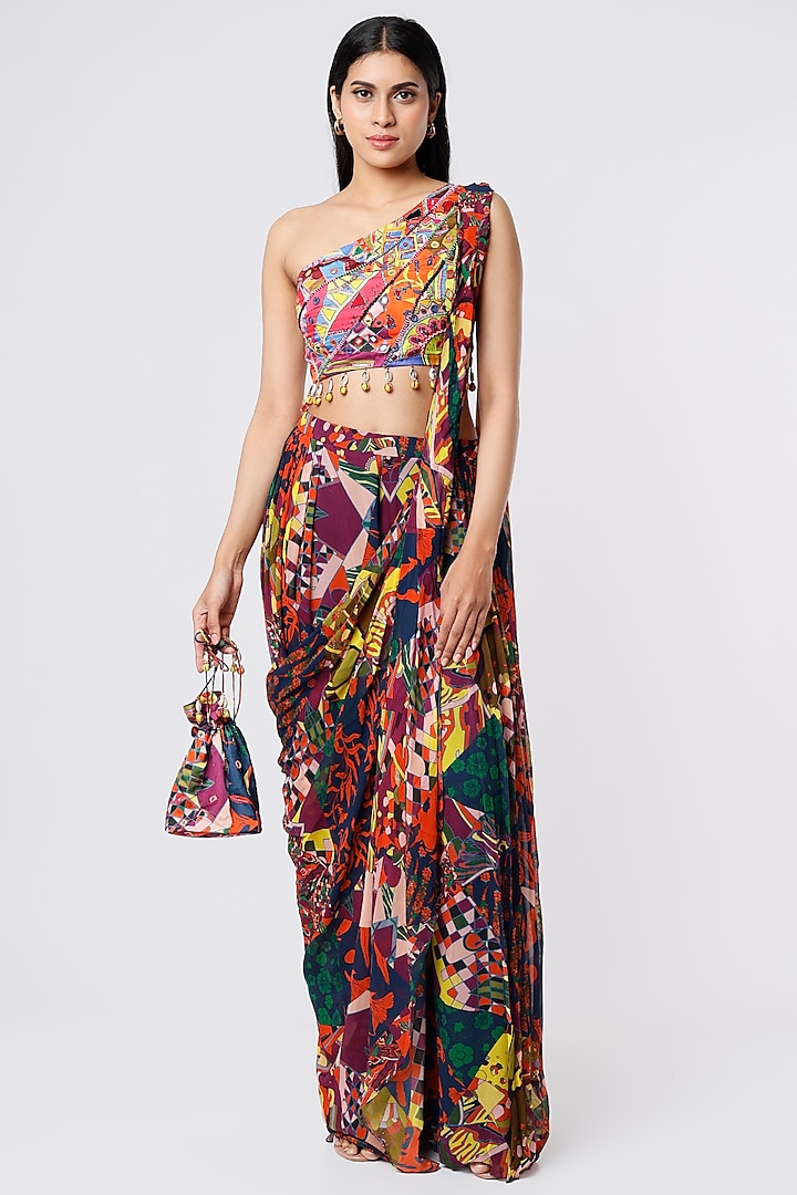 Multi-Colored Modal & Georgette Aztec Printed Pant Wedding Saree Set by DiyaRajvvir at Pernia's Pop Up Shop